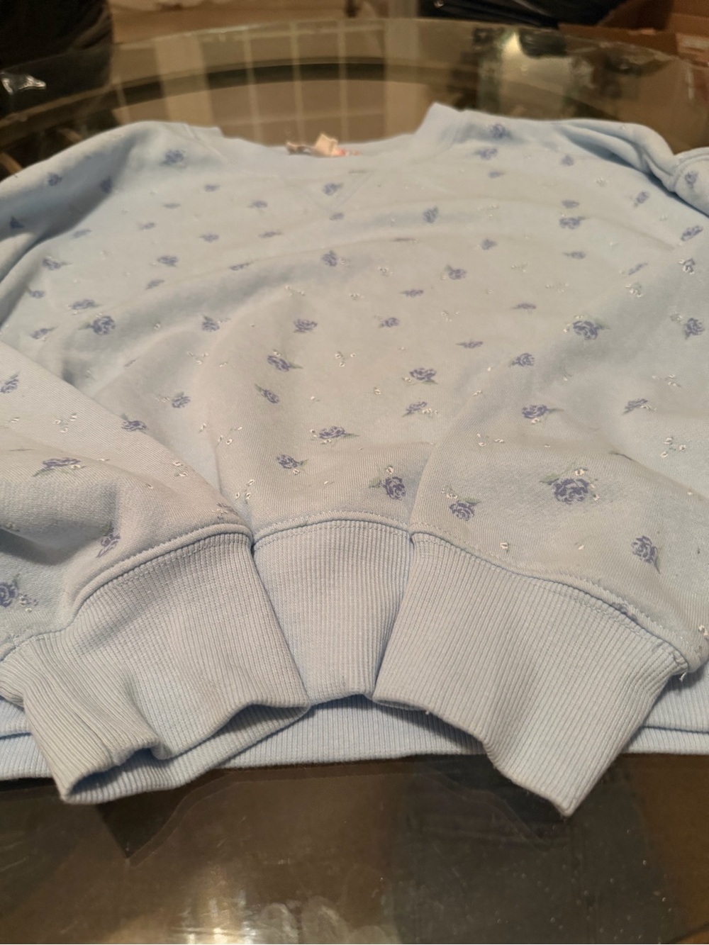 Pink Republic Light Blue Crewneck Sweater with Lavender Floral Accents